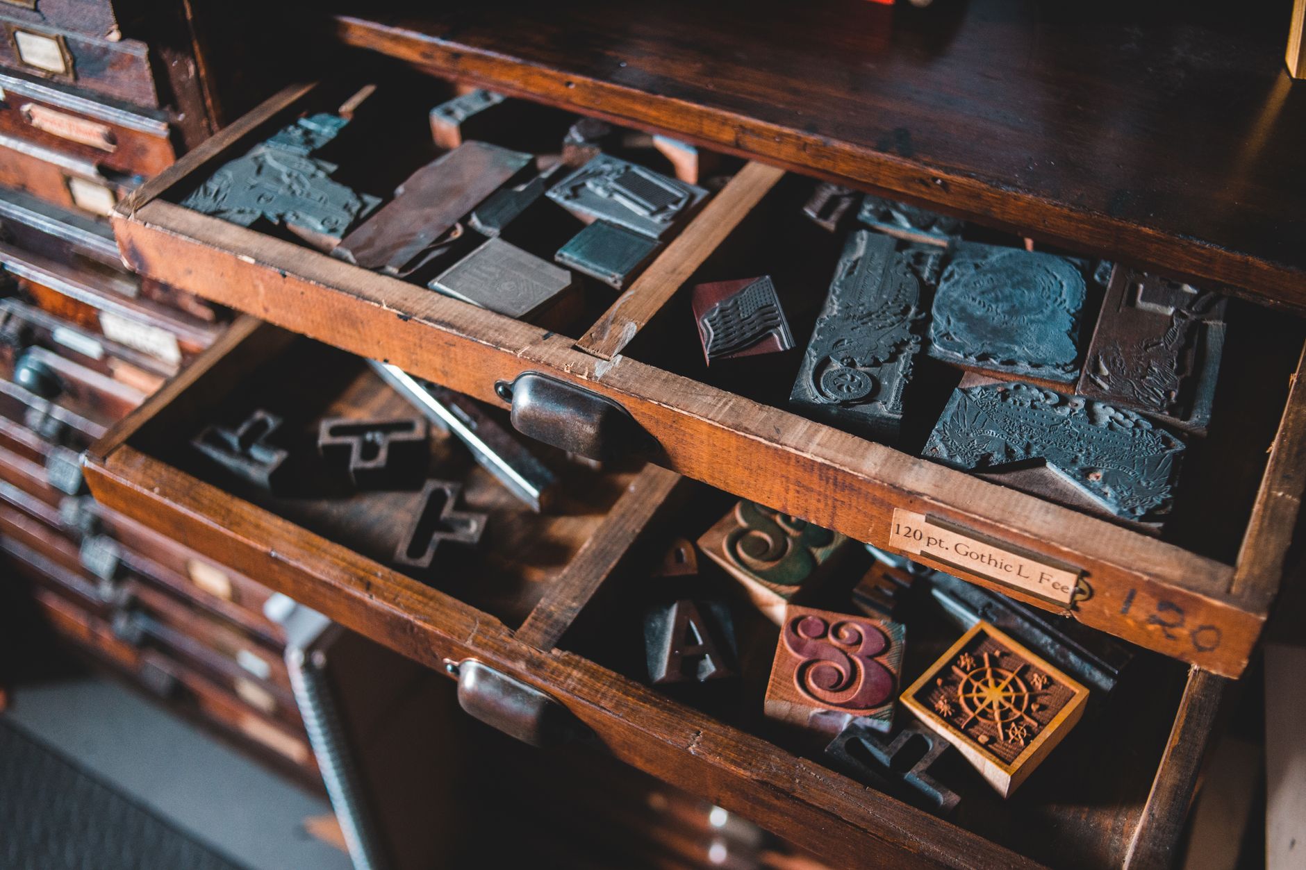 Type cases filled with vintage letterpress blocks